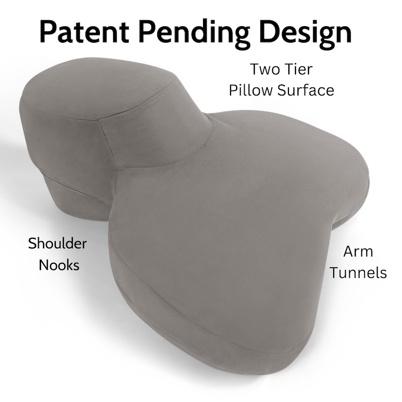 Grey Cuddle pillow with patent pending design, shoulder nooks, arm tunnels, two tier surface