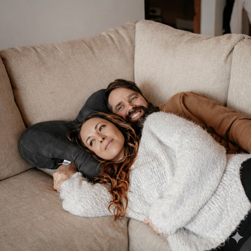 Couple cuddling comfortably on couch using the Big Spoon Pillow for arm and neck support